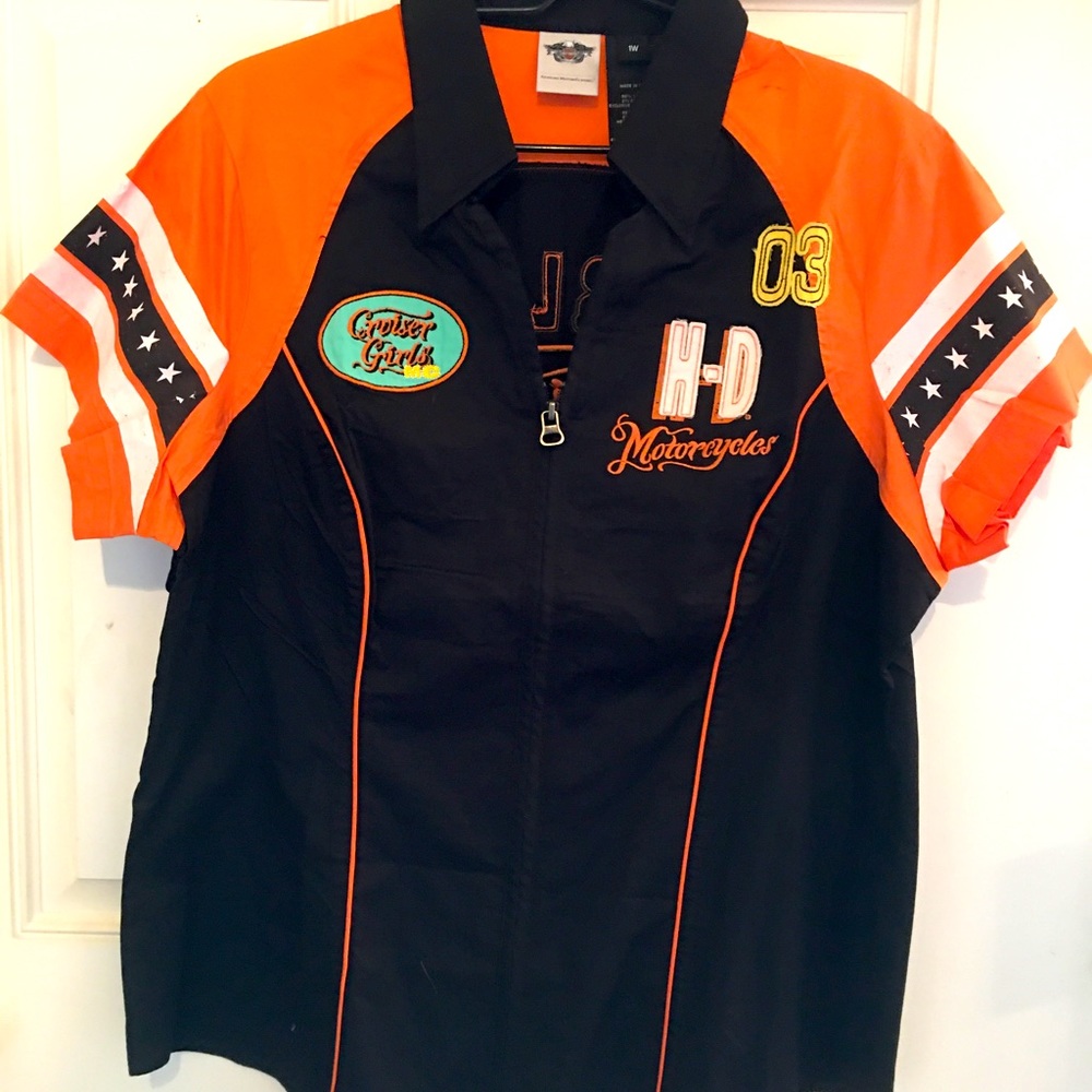 Harley Davidson A Womens 1W Zip Garage Shirt Top Black Coral Turquoise Biker